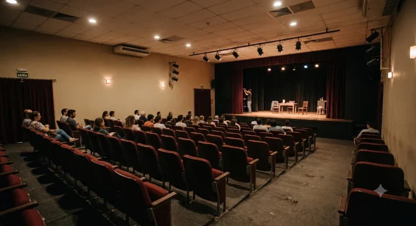 Plateia de um teatro com poltronas vermelhas e palco iluminado