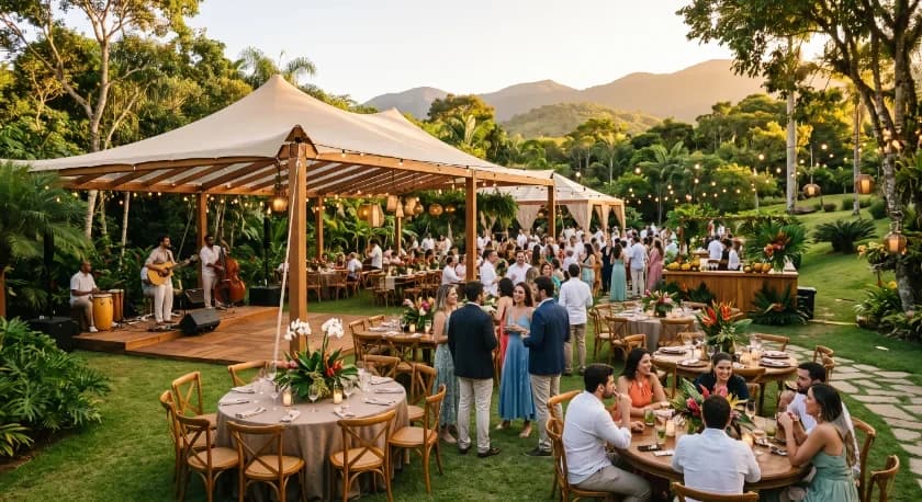 Evento ao ar livre sob tenda, com banda ao vivo e público